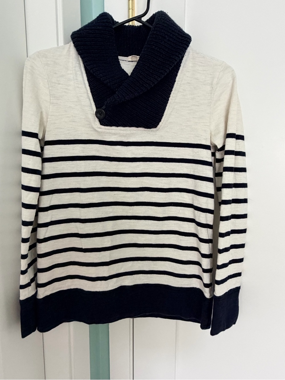 J. Crew Navy & Cream Striped Shawl-Collar Sweatshirt